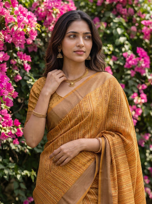 Pure Chanderi Mustard Saree with Multicolor Kalamkari Stripe Print