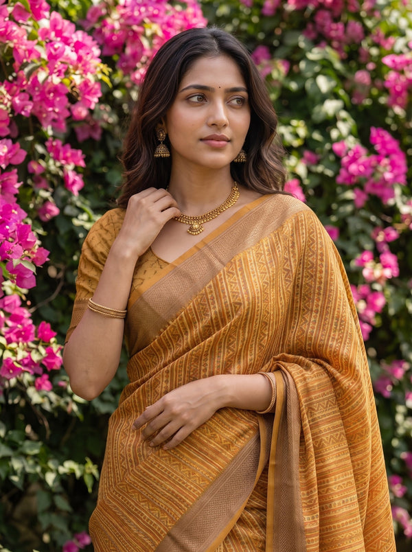 Pure Chanderi Mustard Saree with Multicolor Kalamkari Stripe Print