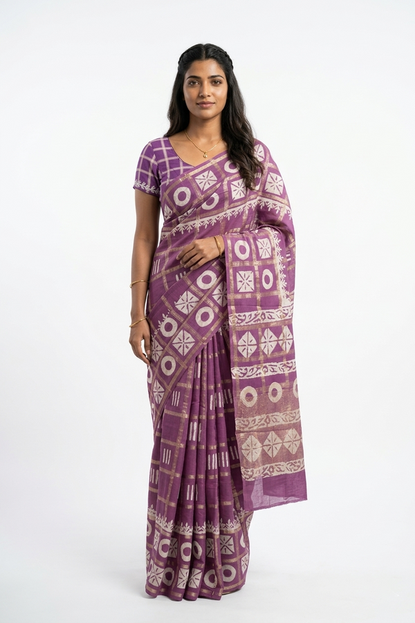 Cotton Mauve Purple Geometric Printed Traditional Saree