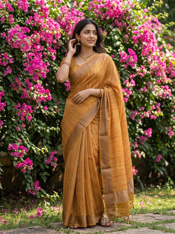 Pure Chanderi Mustard Saree with Multicolor Kalamkari Stripe Print
