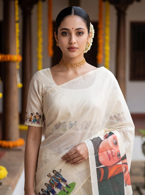 Cotton Cream Off-White Children Playing Marbles Print Onam Kerala Saree
