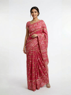 Cotton Rani Pink Traditional Block Print Saree