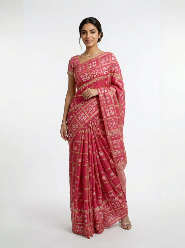 Cotton Rani Pink Traditional Block Print Saree