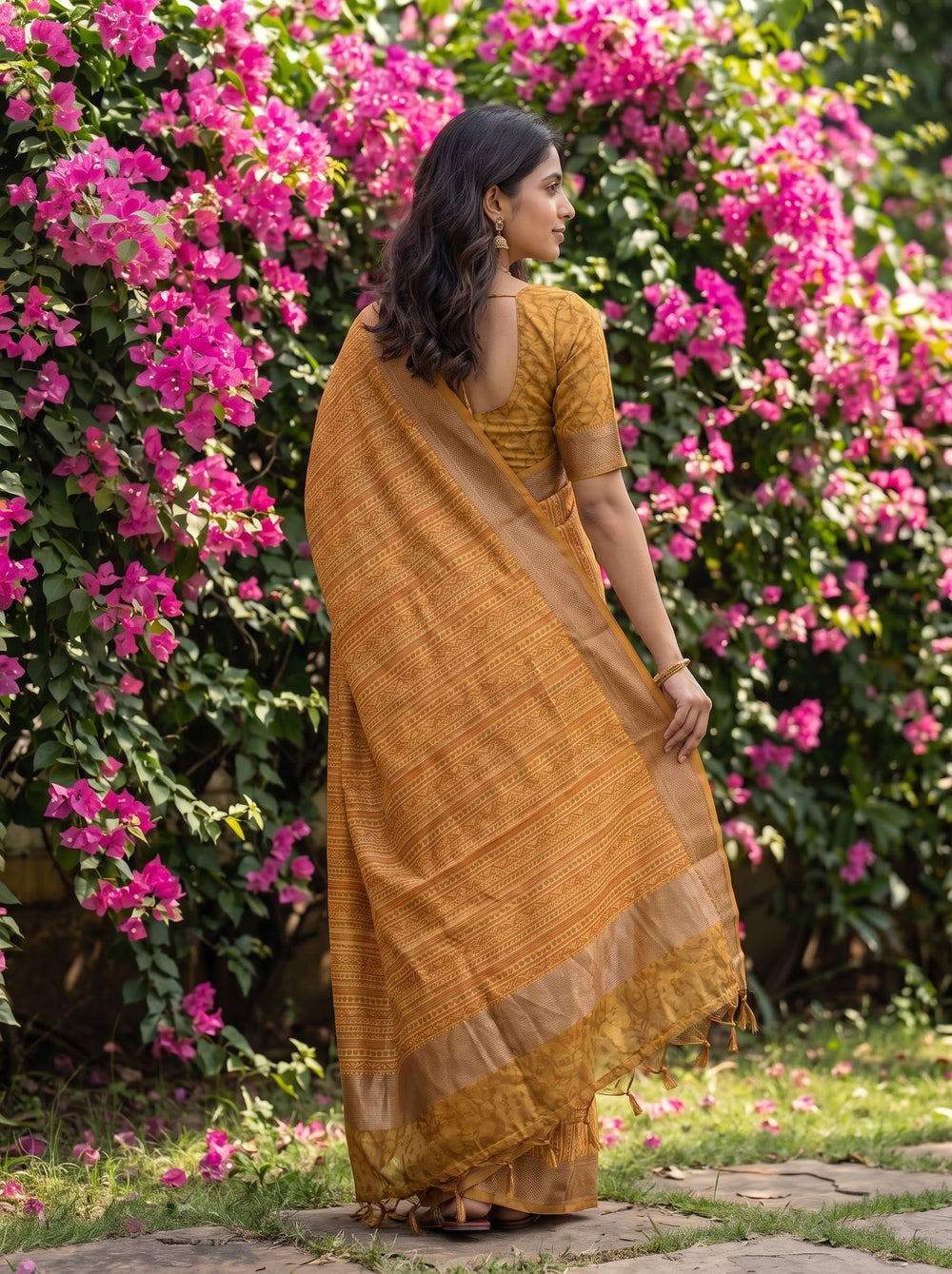 Pure Chanderi Mustard Saree with Multicolor Kalamkari Stripe Print