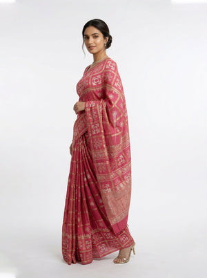 Cotton Rani Pink Traditional Block Print Saree