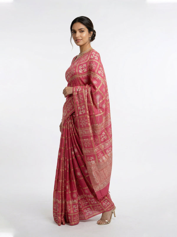 Cotton Rani Pink Traditional Block Print Saree