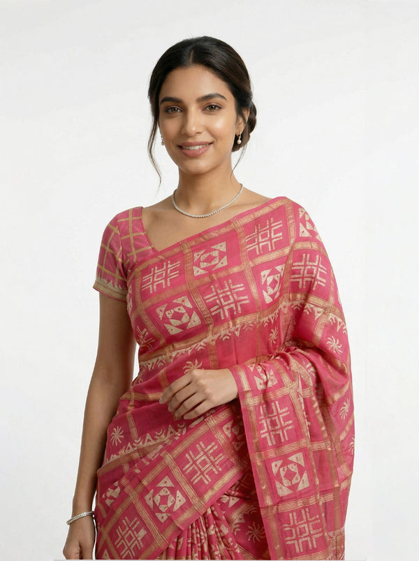 Cotton Rani Pink Traditional Block Print Saree