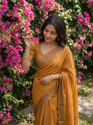 Pure Chanderi Mustard Saree with Multicolor Kalamkari Stripe Print