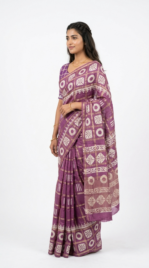 Cotton Mauve Purple Geometric Printed Traditional Saree