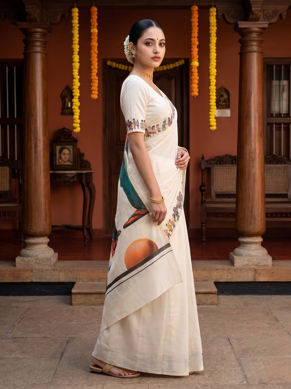 Cotton Cream Off-White Children Playing Marbles Print Onam Kerala Saree