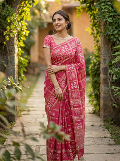 Cotton Rani Pink Traditional Block Print Saree