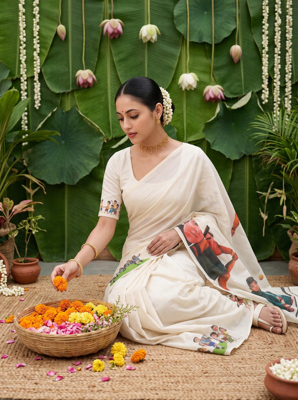 Cotton Cream Off-White Children Playing Marbles Print Onam Kerala Saree