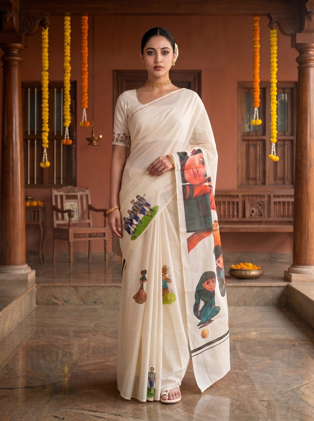 A woman stands in a courtyard wearing a cream-colored saree with colorful traditional illustrations and a white blouse, photographed from the back.