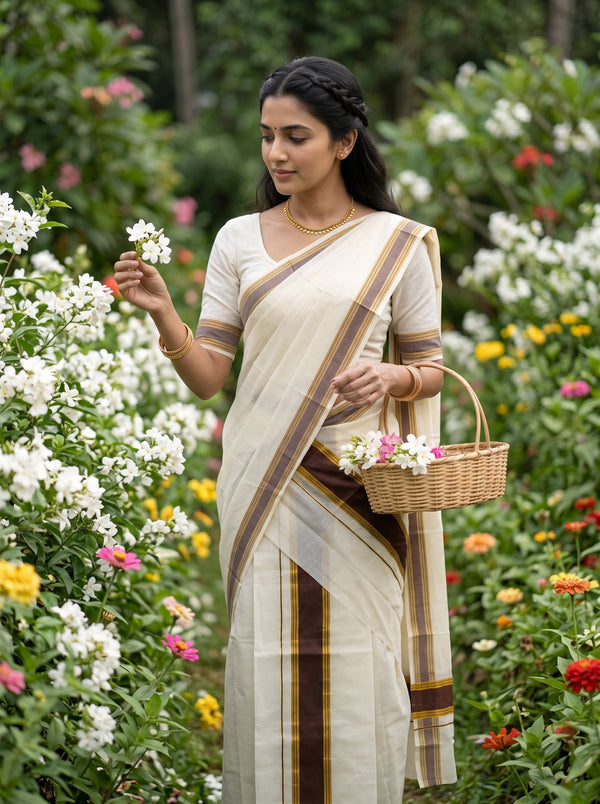 A woman wearing a cream-colored cotton saree with brown and gold stripes stands in a lush garden, holding a small woven basket filled with white flowers.