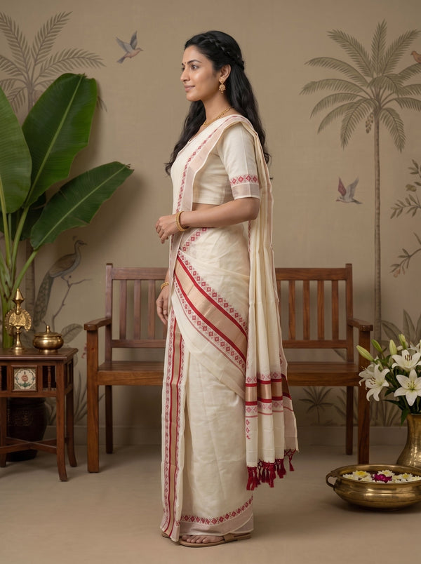 Cotton Cream Red Temple Border Onam Special Set Mundu