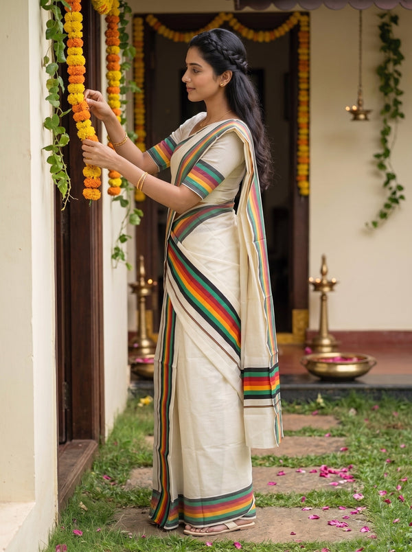 A woman wearing a cream-colored sari with colorful striped borders in green, orange, red, and blue, standing outdoors in front of a doorway and placing a yellow and orange marigold garland on a pillar.
