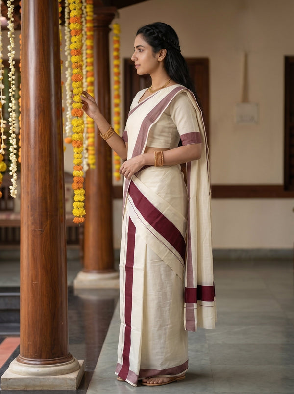 A woman wearing a traditional Indian saree stands in a courtyard. The saree is off-white with maroon borders and a matching maroon blouse.