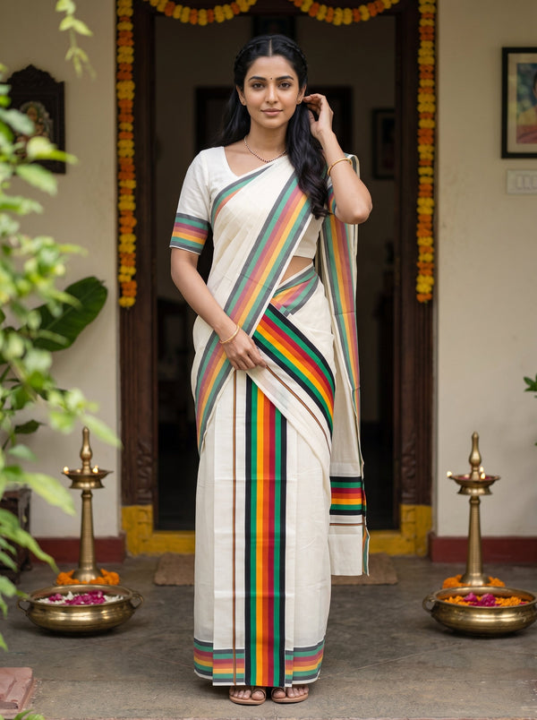 A woman wearing a white cotton saree with vibrant green, yellow, orange, and red stripes stands in front of a traditional doorway decorated with marigold garlands and brass oil lamps.
