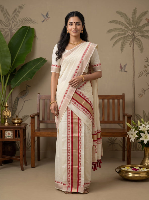 A woman stands indoors wearing a cream-colored sari with red and gold border patterns. The setting includes wooden chairs, a potted plant, and a decorative wall with tropical motifs.