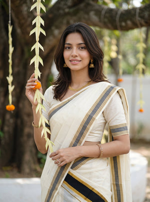 Cotton Cream Black Gold Stripe Border Onam Set Mundu