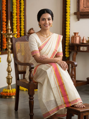 A woman wearing a cream-colored cotton saree with pink and gold borders sits on a dark wooden chair in a decorated indoor setting with yellow flower garlands.