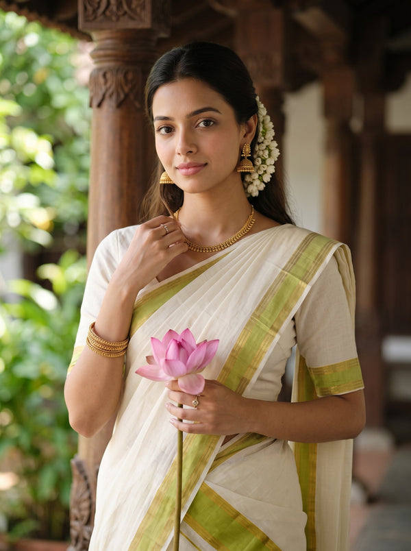 Cotton Cream Lime Green Contrast Border Onam Special Set Mundu