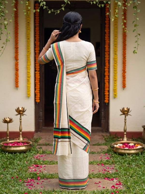 A woman viewed from behind wearing a white saree with colorful green, orange, and yellow striped borders, standing in a garden courtyard decorated with marigold garlands and brass lamps.