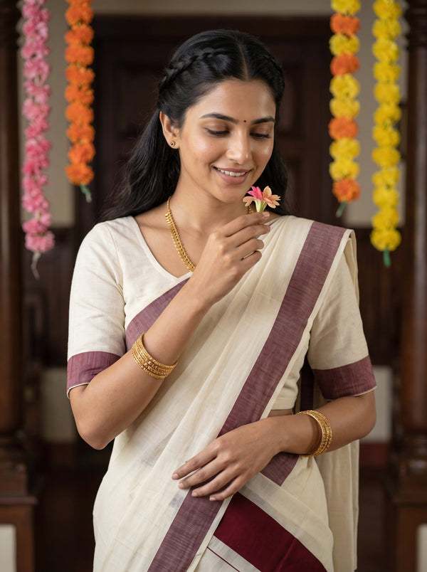 A woman wearing a cream-colored sari with maroon borders and gold jewelry, holding a small pink flower. The background features dark wooden paneling and hanging marigold and pink flower garlands.