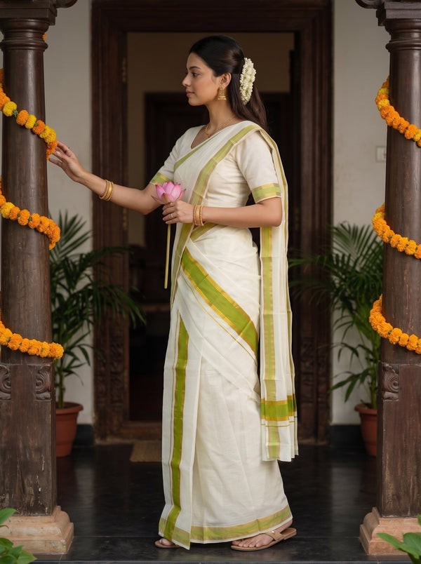 Cotton Cream Lime Green Contrast Border Onam Special Set Mundu