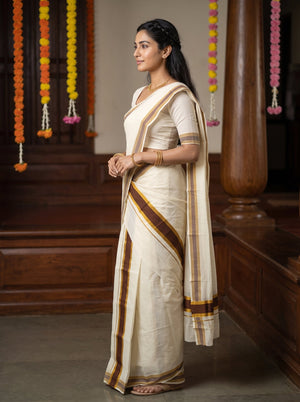 Cotton Cream Brown Mustard Border Onam Special Set Mundu