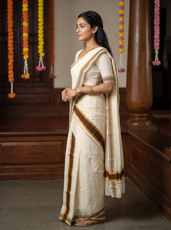 Cotton Cream Brown Mustard Border Onam Special Set Mundu