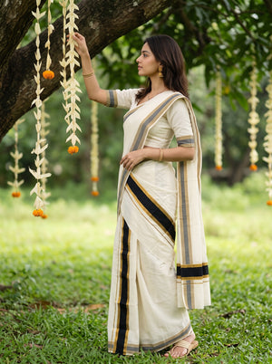 Cotton Cream Black Gold Stripe Border Onam Set Mundu