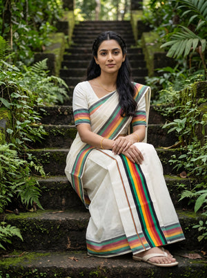 A woman wearing a white cotton saree with vibrant green, yellow, orange, and red stripes sits on mossy stone steps in a lush green forest setting.