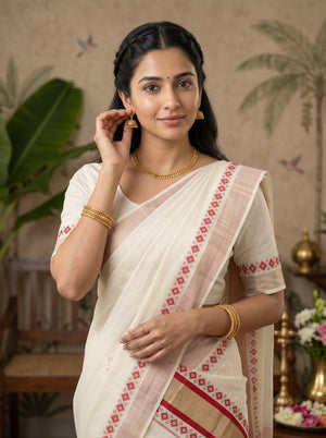 Cotton Cream Red Temple Border Onam Special Set Mundu