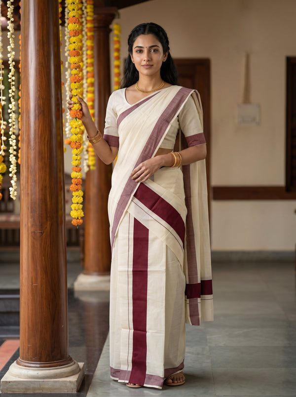 A woman wearing a cream-colored cotton saree with deep maroon borders and a matching maroon blouse, standing in a traditional indoor setting with wooden pillars and garlands.