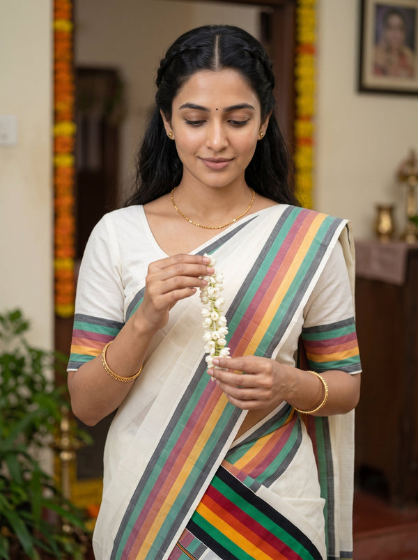 Cotton Cream Multicolor Candy Stripe Border Onam Set Mundu