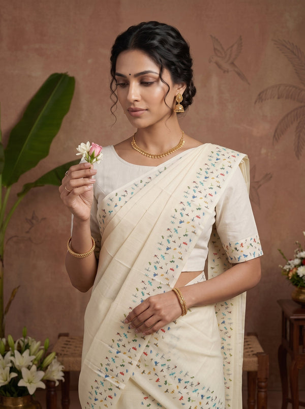 Cotton Cream Multicolor Dragonfly Motif Onam Special Set Mundu