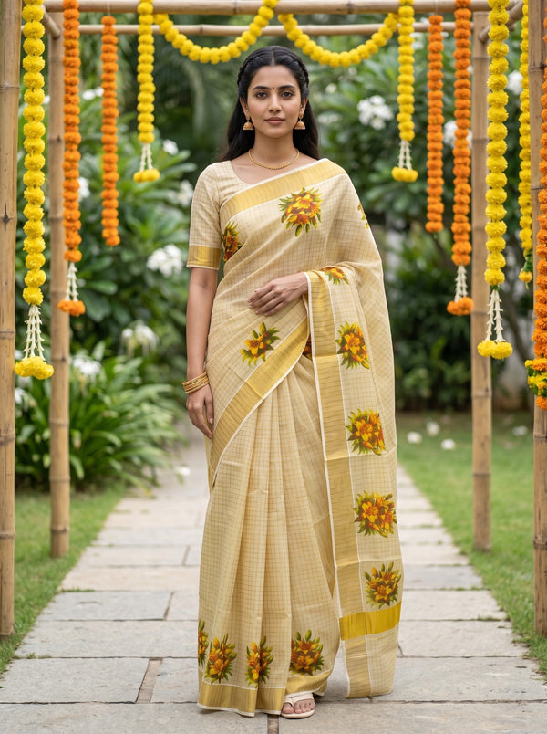 Cotton Golden Checkered with Lily Floral Print Kerala Saree