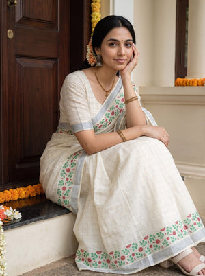Cotton Cream Checkered with Floral Vine Border Onam Special Kerala Handloom Saree
