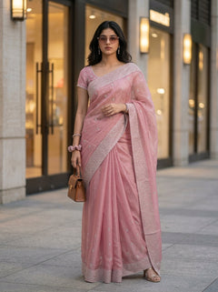 Vichitra Silk Baby Pink Zari With Stone Border Designer Saree